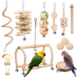 Parrot Toy, 13 Pieces, Natural Wood Budgie Toy, Swing Perches, Bird Grinding Claws, Climbing, Standing, Bird Toy, Bird Cage Accessories for Canary, Cockatiel