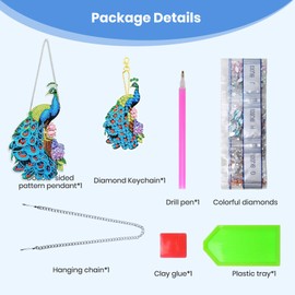 TLIOBLO Hanging Peacock Diamond Art and Key Chains Pendants Boards, Special Shaped Christmas Animal Diamond Painting Hanging Sign with Chain, Double-Sided Ornaments Window Door Home Decor