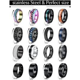 Adramata 16 Pieces Anxiety Rings for Men Stainless Steel Black Fidget Rings Band Spinner Rings Set for Wedding Promise 6/8 mm Wide Size 7-12, Stainless Steel