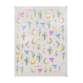 5D Embossed Tulip Bouquet Flower Nail Stickers for Women, Aurora Tulip Flowers Bow Flower Nail Decals for Nail Art Supplies Vintage Tulips Floral Stickers for Nails Design Manicure Decor Sticker Nails