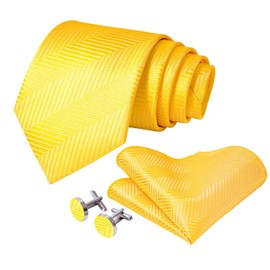Kerfado 5PCS Yellow Striped Tie and Pocket Square Set for Men, Silk Necktie and Handkerchief Cufflinks with Gold Ring and Lapel Pin Set