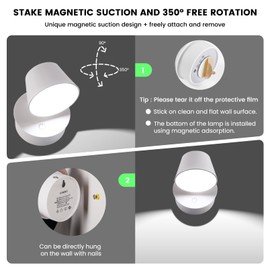 Wall Lights, Up&Down Lights Designed Wall Sconces,Wall Mounted Lamps 350° Rotation with Remote,3 Colors & Dimmable, Rechargeable Battery Operated Wall Lights,Led Wall Lights for Bedroom,Reading