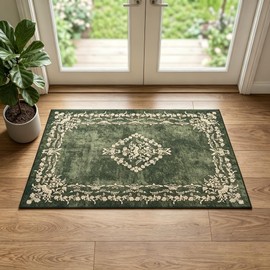 FlyDOIT Small Entryway Rug 2x3 Washable Area Rugs for Bathroom, Green Vintage Boho Distressed Door Mat, Non-Slip Soft Low Pile Indoor Entrance Floor Carpet for Kitchen College Dorm Office Decor