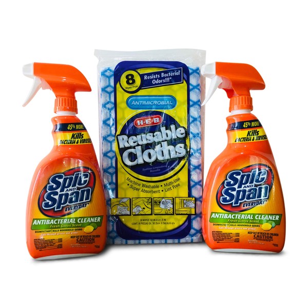 Spic and Span Everyday Antibacterial Fresh Citrus Cleaner Bundle: 2 Spic and Span Everyday Antibacterial Spray bottles (32 oz each) + 8 HEB Reusable Cloths