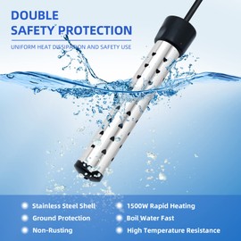 1500W Immersion Water Heater with Digital LCD Thermometer & Stainless Steel Guard - Fast Heating for Bathtub, Travel Camping Mini Pool, Bucket | Safe & Portable Heat 5 Gallons of Water in Minutes