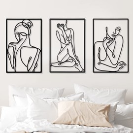 CHENGU 3 Pieces Metal Minimalist Abstract Woman Wall Art Line Drawing Wall Art Decor Single Line Female Home Hanging Wall Art Decor for Kitchen Bathroom Living Room
