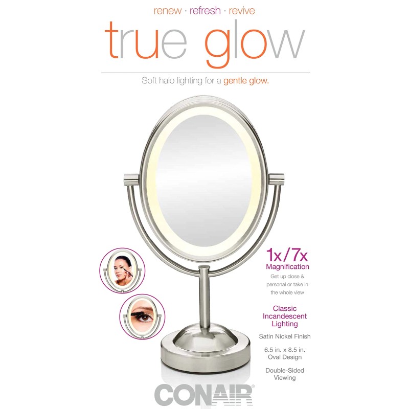 Conair Oval Shaped Double-Sided Lighted Makeup Mirror; 1x/7x , Satin
