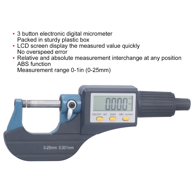 Digital Micrometer 0.00005in/0.001mm Resolution Professional Thickness Measuring Tools 0‑25mm