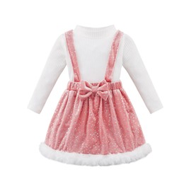 Toddler Baby Girls Christmas Clothes Long Sleeve T Shirts Velvet Sequins Overall Skirt 2-Piece Cotton Outfits