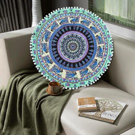 Wasise Round Cushion Covers - Floor Cushions Large Adults, 80×80 Floor Cushion, Meditation Cushions, Floor Seating, Floor Pillow, Indian Ottoman Cover, (GREEN AND PURPLE)