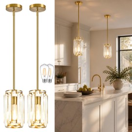 YSHomeStunn Gold Crystal Pendant Lights Kitchen Island 2-Pack Pendants Light Bedroom Modern Pendants Lighting Crystal Pendant Lights for Kitchen Island Dining Room Hallyway Bedroom (Bulb Incl.)