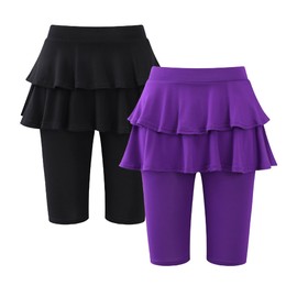Girls Knee-Length Leggings with Skirt 2 Pack Summer Stretchy Athletic Pants Black DeepPurple for Girl 7-8 Years