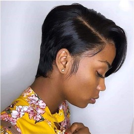 PORSMEER Lace Front 13 x 4 x 1 Pixie Cut Wigs Real Hair with Fringe Natural Human Hair Wig Black Wig Bob Straight Style Short Wigs for Black Women (1B#) 6 Inches