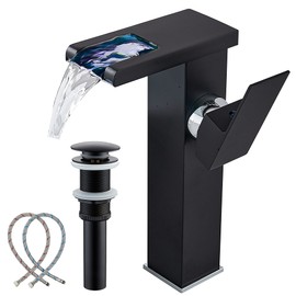 Black Bathroom Faucet Vessel Waterfall Open Spout LED Light 3 Color Changing One Hole Handle Brass Vanity Bowl Sink Faucets Bath Lavatory without Overflow Pop Up Drain Stopper Hose Modern Deck Mount