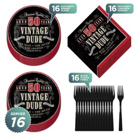 Vintage Dude 50th Birthday Party Supplies - 50th Milestone Dessert Plates, Napkins, and Forks (Serves 16) - Old Man Vintage Party Tableware