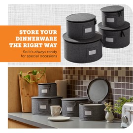 storageLAB China Storage Containers, Hard Shell Case with Felt Dividers for Charger Plates, and Dishes, Ideal for Kitchen Organization, Moving Supplies, and Fine China Storage - 4-Piece Set, Gray
