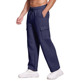 Deyeek Mens Cargo Sweatpants Open Bottom Fleece Lined Pants with Pockets Sweat Pants for Men Loose Fit Gym Workout Sweats Navy Blue
