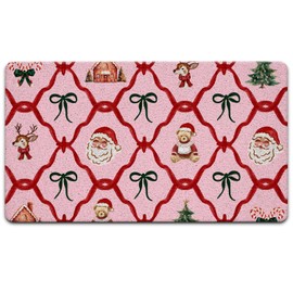JINYO Pink Christmas Santa Door Mat, Red and Green Ribbon Christmas Tree Santa Reindeer Doormat Indoor Outdoor Outside Entrance Entryway, Xmas Holiday Welcome Mat for Front Door Porch, 17x30 Inch