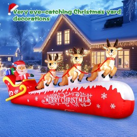 FunFanso 12FT Christmas Inflatable Santa Claus on Sleigh with 3 Reindeers Out...