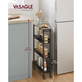 VASAGLE Slim Rolling Cart, 4-Tier Storage Cart, Narrow Cart with Handle, 5.1 Inches Deep, Metal Frame, for Kitchen, Dining Room, Living Room, Home Office, Heather Greige and Classic Black ULRC032K01
