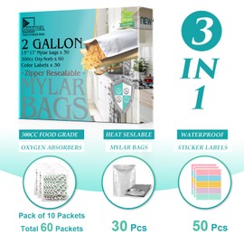 30pcs 2 Gallon Mylar Bags for Food Storage (15 Mil Extra Thick) with Oxygen Absorbers 500CC (60 pcs), Stand-Up Zipper Pouches Resealable and Heat Sealable Bags for Long Term Food Storage(13"x17")