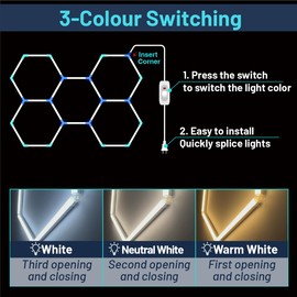 cezelux Hexagon LED Lights: 3 Colors 3000K 4000k 6500K 5 Honeycomb Hexagon Garage Lights Super Bright Car Detailing Ceiling LED Shop Light for Warehouse Workshop Gym Basement (5 hex 3 Colors)