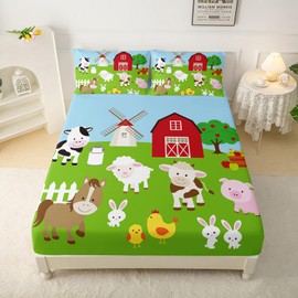 QOOMO Farm Animal Sheet Set,Farmhouse Kids Bed Sheets,Cow Pig Sheep 16" Deep Pocket Bed Sheet Set for Boys/Girls/Kids/Teens，4 Piece Sheet Set, 1 Fitted Sheet,1 Flat Sheet and 2 Pillowcases，Queen Size