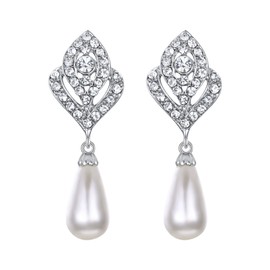 EVER FAITH Austrian Crystal Ivory Color Simulated Pearl Wedding Flower Pierced Earrings Clear Silver-Tone