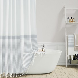 Dynamene Stall Fabric Shower Curtain, 60 inch Modern Farmhouse Grey and White Boho Striped Cloth Shower Curtain with Tassels, Hotel Luxury Bathroom Shower Curtain Set with 10 Hook, Grey, 60x72