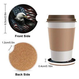 Bald Eagle On American Flag Car Coasters for Cup Holders,2 Pack Absorbent Ceramic Car Coaster Set with Finger Notch & Cork Base for Women Men 2.56"