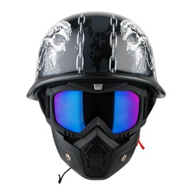 1Storm Novelty Motorcycle Half Face Helmet German Style DOT Approved: HKY602 Chain Skull + Black Tinted Goggle Bundle