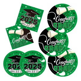 2025 Graduation Party Supplies Kit: Green -Themed Congrats Grad Decorations with Disposable Dinner & Dessert Plates, Napkins for 50 Guests - Graduation Party Decorations