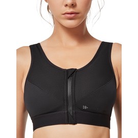 Yvette women’s strong hold sports bra front fastening without straps unpadded ringer back for fitness yoga jogging - Black , size: 110C