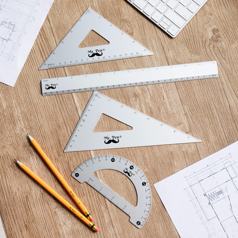 Mr. Pen Metal Geometry Kit - 4Pack Set Square, Protractor,
