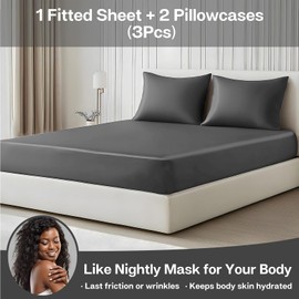 MR&HM Satin Fitted Sheet & Pillowcase Set Queen Size, 3-Piece Silky Soft Bedding with 15" Deep Pocket, Reinforced Elastic Corner Straps to Prevent Slipping Off Mattress, Dark Grey
