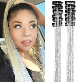 Silve Hair Tinsel Clip in Pack of 12 Pcs 24 Inch Glitter Tinsel Hair Extensions Kit Party Dazzle Fairy Hair Accessories Strands Kit for Women Girls(24Inch 12Pcs,Silver)