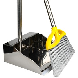 Stainless Steel Dustpan with Outdoor Stiff Bristles Broom,Long Handle Metal Dust Pan and Heavy Duty Broom for Home,Lobby,Office