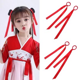 4pc Red Ribbon Hair Ties Long Ribbon Elastic Hair Band For Women Girls Boys Kids Anime Cosplay Costume Ball Headwear Hair Decor Accessories