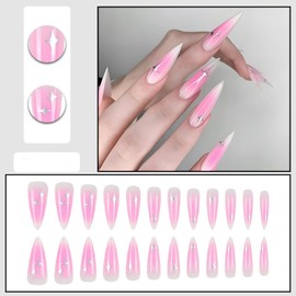 Long Stiletto Press on Nails Pink Gradient Fake Nails Almond False Nails with Stars Designs Artificial Nails Glossy Stick on Nails for Women 24pcs