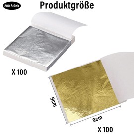 Barlone Pack of 200 Imitation Gold Foil Silver Leaf Flakes Gold Leaf for Crafts 9 x 9 cm, Gold Paper for Crafts, DIY Painting, Craft Nails, Gold Leaf Acrylic Painting, DIY Crafting Embossing Foil