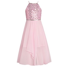 GRACE KARIN Flower Girls Dresses A-Line Halter Junior Bridesmaid Girl Flowy Sequin Chiffon Dresses Wedding Party Pageant Gown Size 7-8 Pink