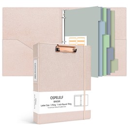 Ospelelf 3 Ring Binder with Clipboard, 1 Inch Leather, Letter Size (8.5" x 11"), Clipboard Binder with 5 Tab Dividers, Rose Gold