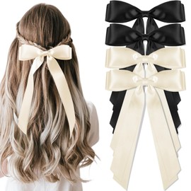 vivinin Hair Bows for Women, 4pcs Solid Silky Satin Hair Accessories with Long Tails, Beige and Black, Ideal for Daily Wear and Gifting