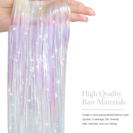 Hair Tinsel 8 Packs 1600 Strands 50 Inch Tinsel Hair Extensions White Heat Resistant Glitter Sparkling Shinny Fairy Hair Accessories for Women(White, 50Inch)