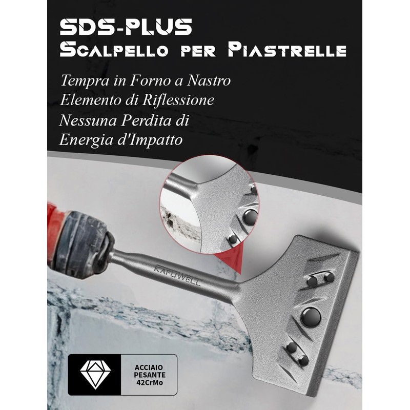 KAFUWELL Scalpello SDS-Plus per Piastrelle, 194×78 mm, Angolato 25°, 42CrMo