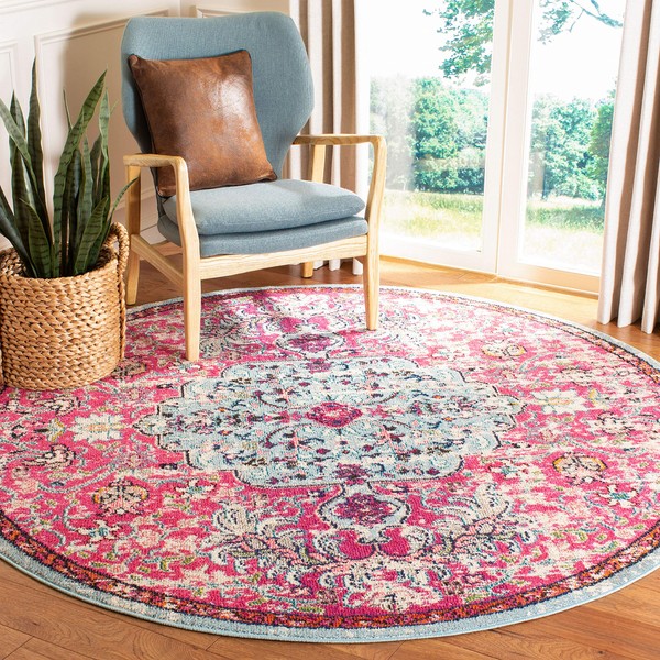SAFAVIEH Madison Collection 5' Round Fuchsia / Teal MAD447R Boho Chic Medallion Distressed Non-Shedding Dining Room Entryway Foyer Living Room Bedroom Area Rug