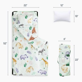 Wake In Cloud - Cot Nap Mat with Pillow and Blanket, for Toddler Kids Boys Girls in Daycare Kindergarten Preschool Pre K with Elastic Corner Straps, Cartoon Animals Trees, Light Green