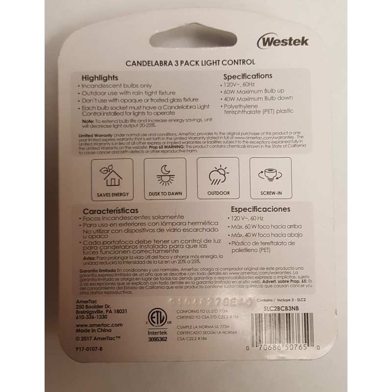 Westek Candelabra 3-Pack Light Control (Saves Energy, Dusk to Dawn,