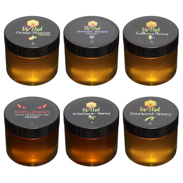 Bee Wild - Tasting Gift Set 100 % Pure Raw Unfiltered Honey - Sourwood, Orange Blossom, Gallberry, Lavender Infused, Wildflower, Ghost Pepper 3 Oz Each
