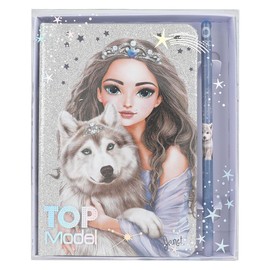 Depesche TOPModel 13176 Glitter Silver and Blue Notebook with Wolf Motif, Stars and 160 Pages, Includes Pencil, Multicoloured